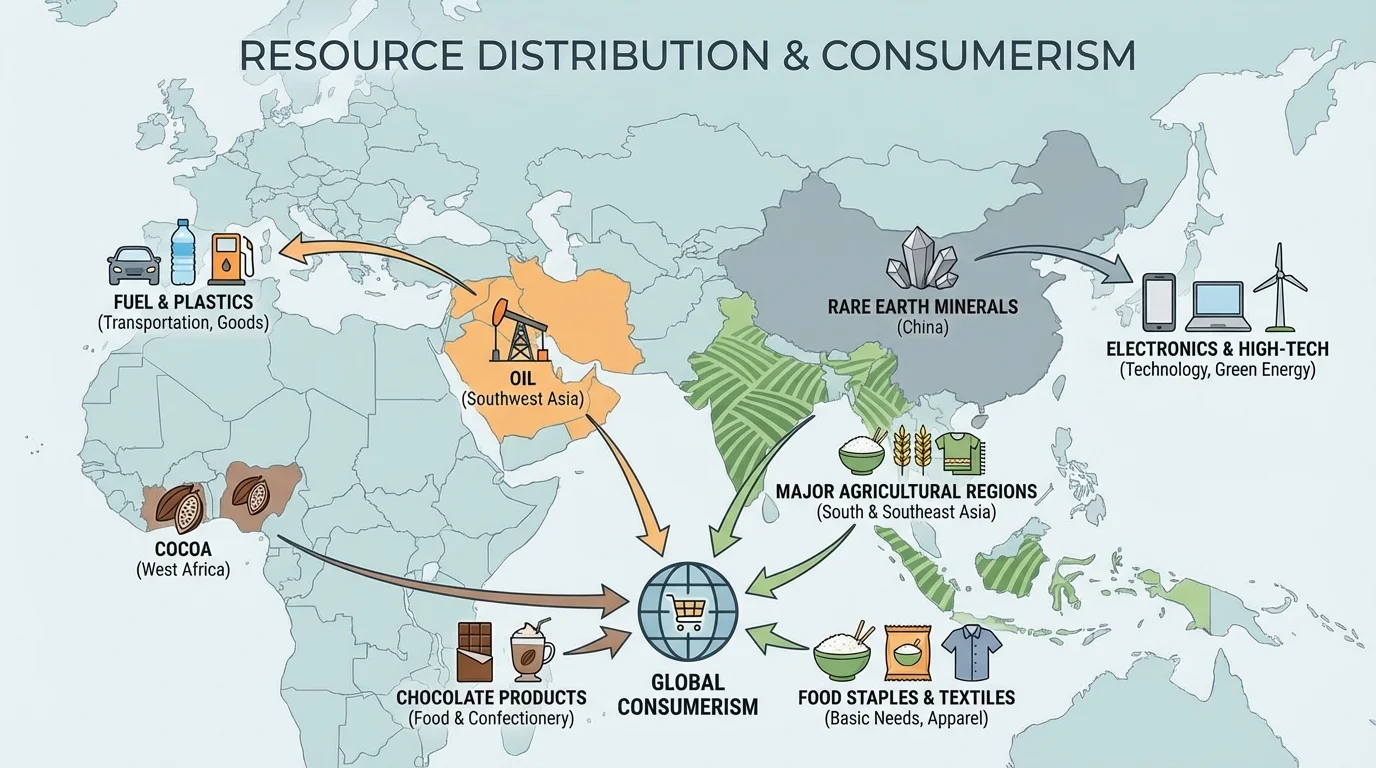 Map of the Eastern Hemisphere highlighting oil in Southwest Asia, cocoa in West Africa, rare earth minerals in China, and major agricultural regions in South and Southeast Asia