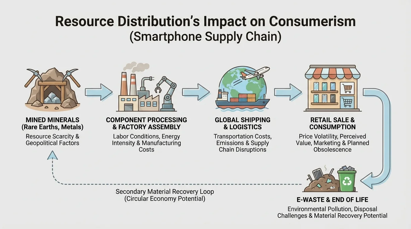 Flowchart showing a smartphone supply chain from mined minerals to factory assembly to shipping to retail sale