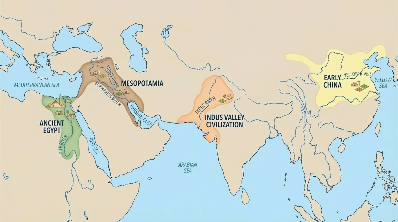 Map of Mesopotamia, Egypt, Indus Valley, and early China with major rivers labeled and shaded settlement regions
