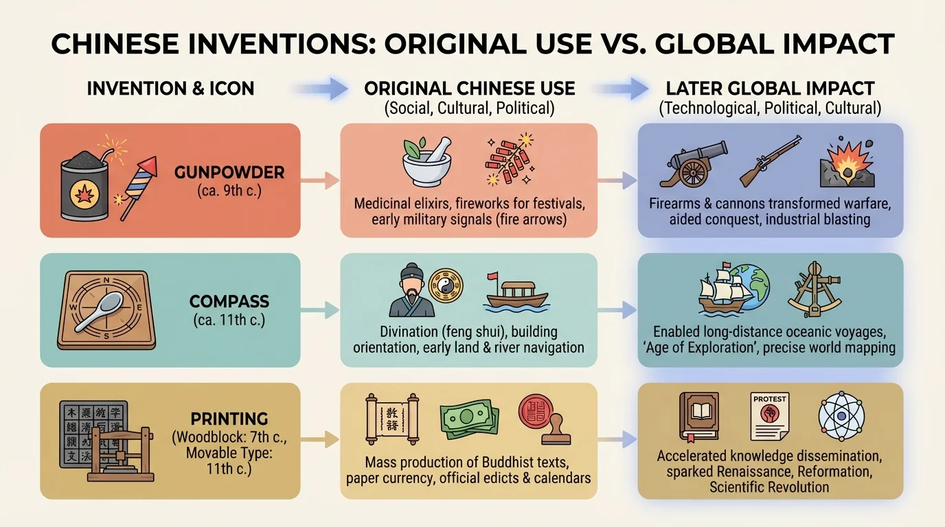 Chart comparing Chinese inventions—gunpowder, compass, and printing—with their original uses and later global impact