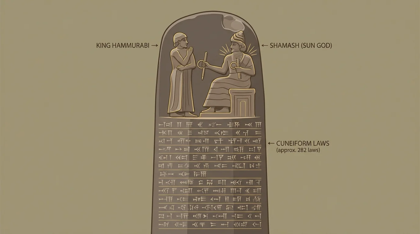 Illustration of Hammurabi's stone stele with carved laws and a ruler receiving authority from a god
