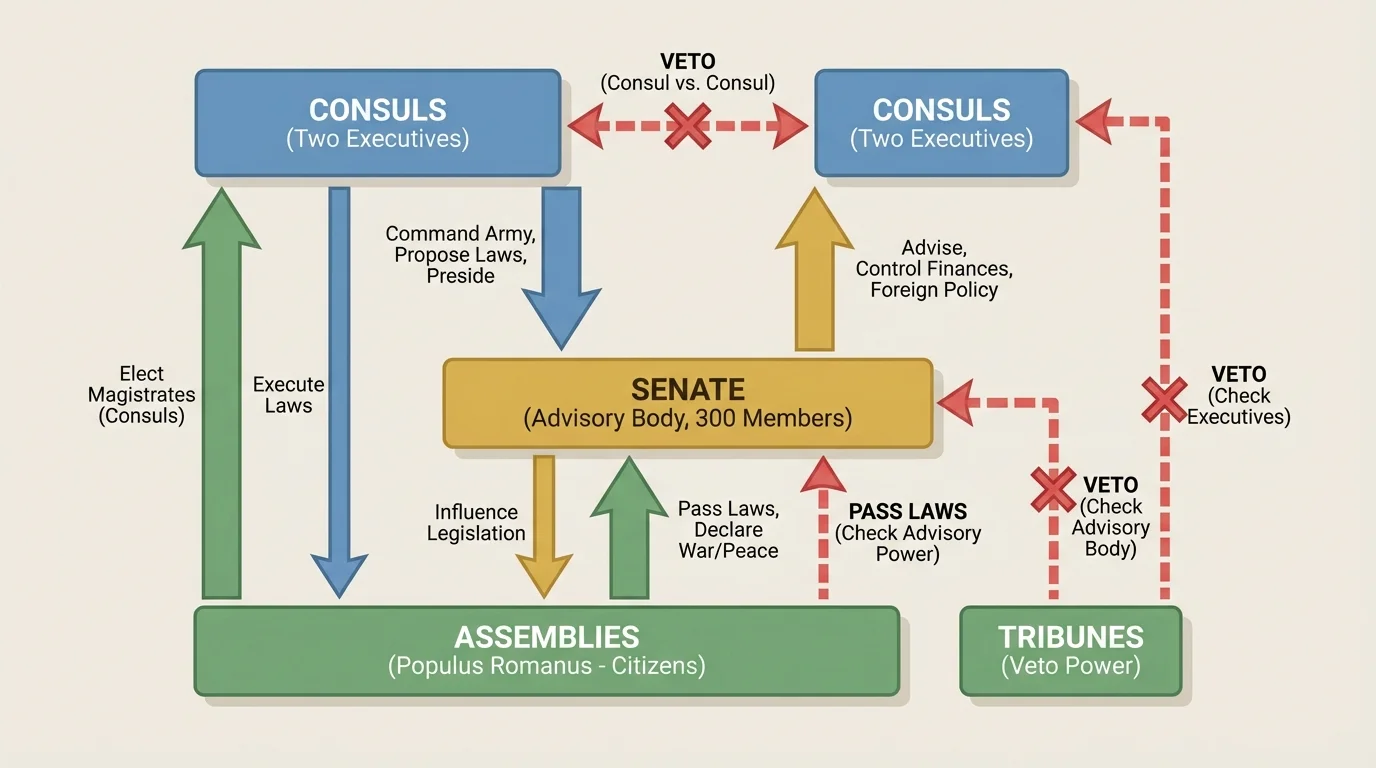 Flowchart of Roman Republic government showing consuls, Senate, assemblies, and checks on power
