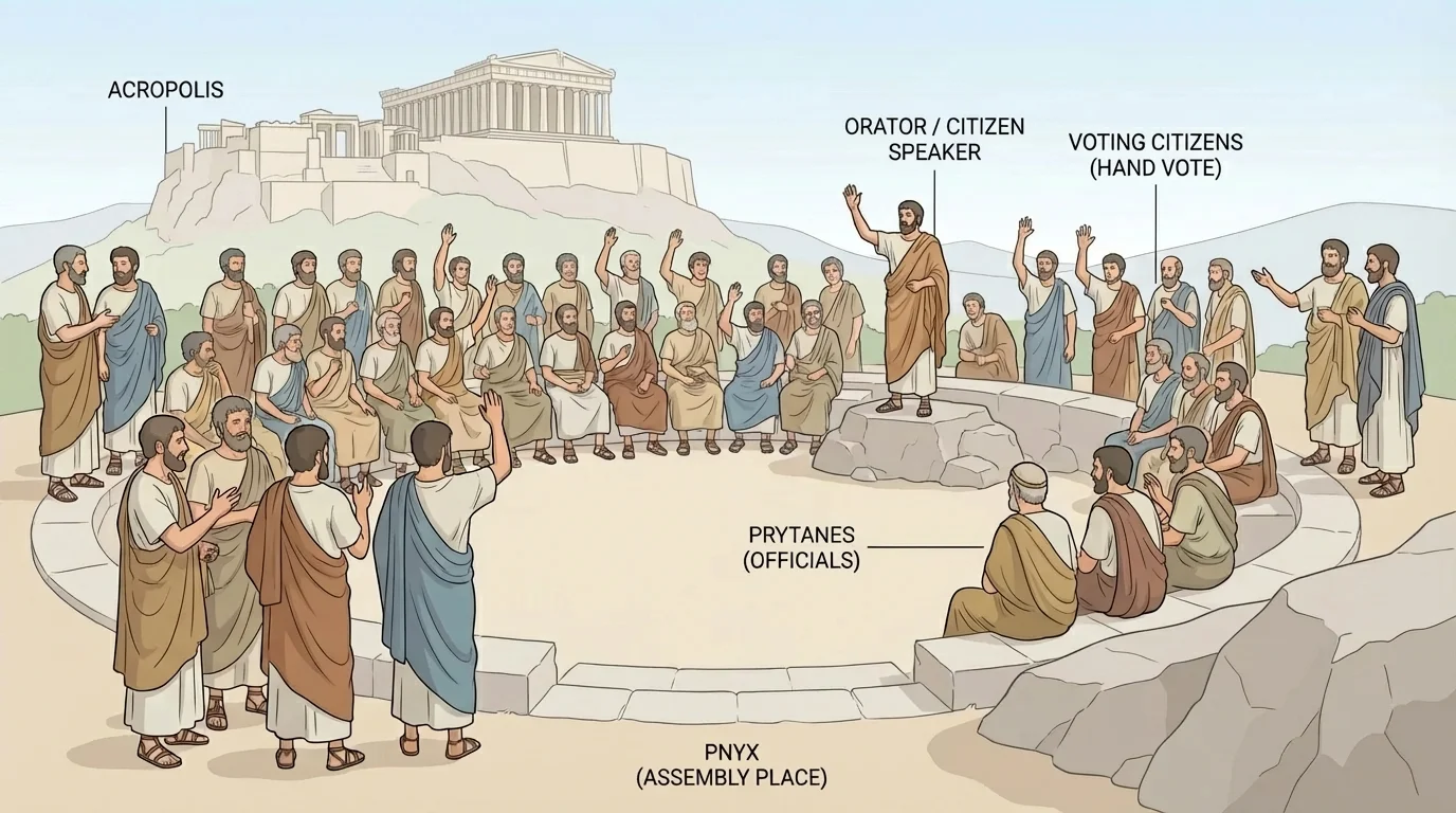 Illustration of Athenian male citizens in an assembly debating and voting in an open public space