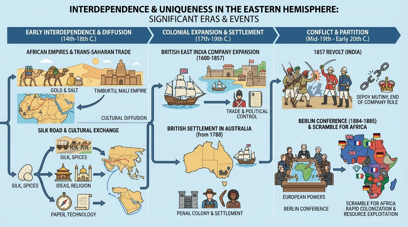Timeline with selected events such as British East India Company expansion, 1857 revolt, Berlin Conference, Scramble for Africa, and British settlement in Australia