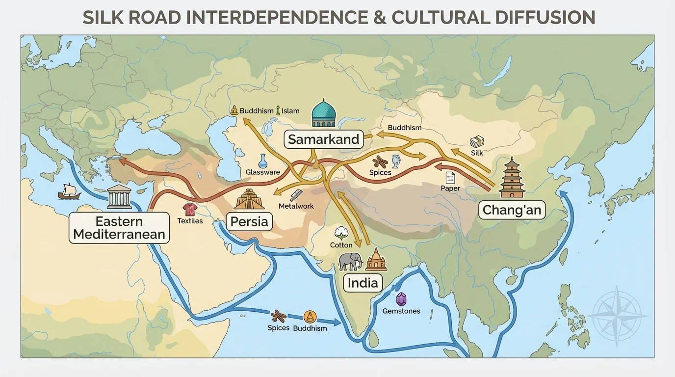 Map of Eurasia showing major Silk Road routes linking Chang'an, Samarkand, India, Persia, and the eastern Mediterranean