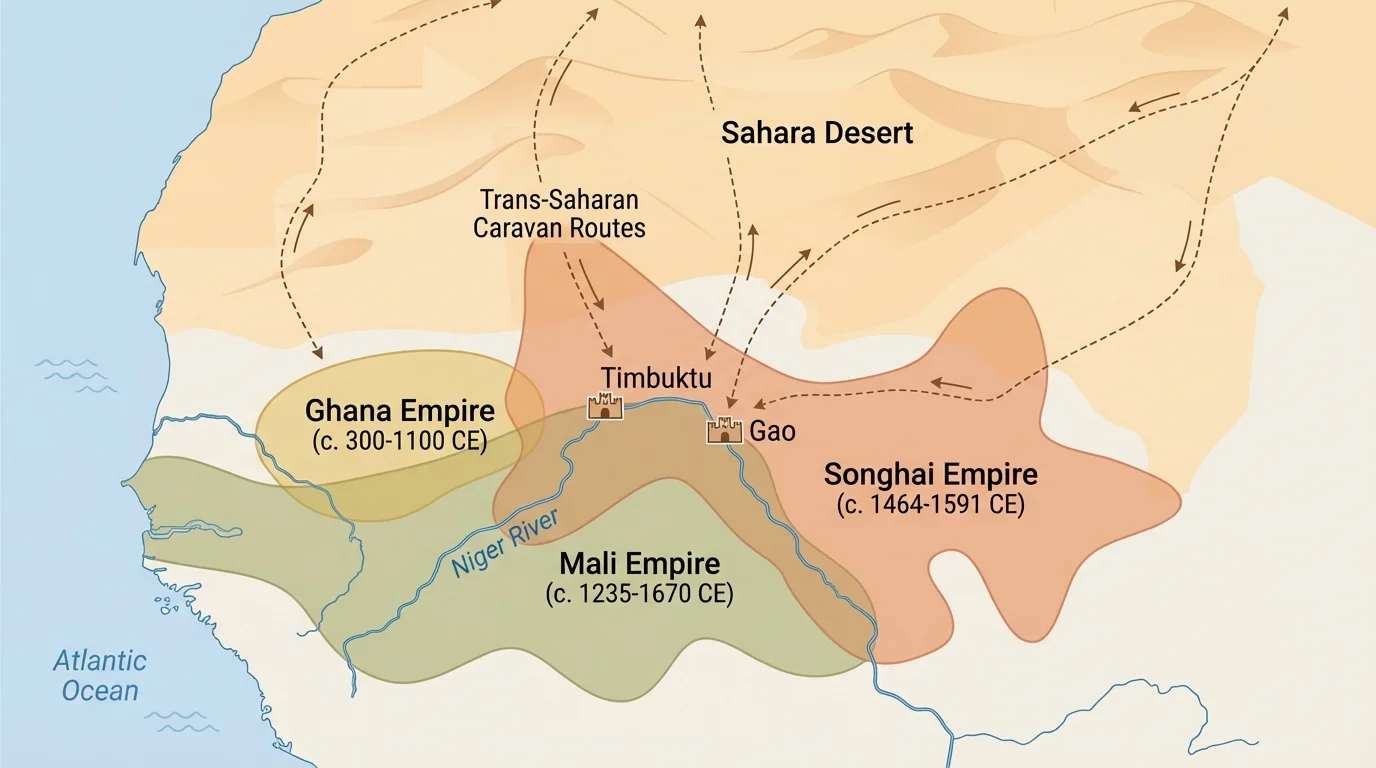 Map of West Africa and North Africa showing Ghana, Mali, Songhai, Timbuktu, Gao, and trans-Saharan caravan routes crossing the Sahara