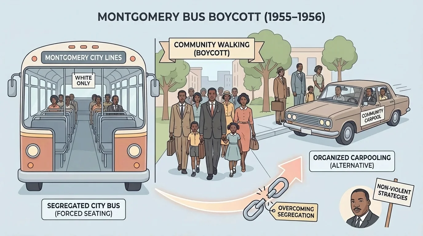 City bus in Montgomery with Black riders forced to the back and community members walking or carpooling during the boycott