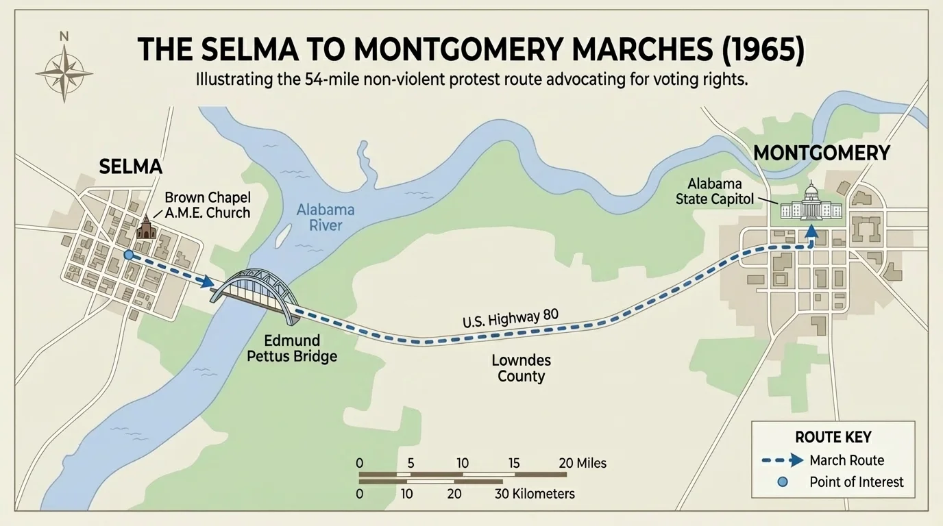 Map showing Selma, the Edmund Pettus Bridge, and the route to Montgomery in Alabama