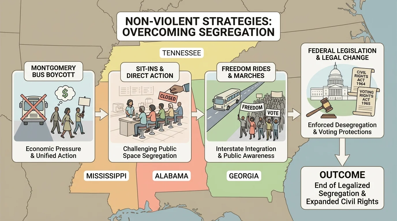 Map of the American South highlighting key states of the civil rights movement such as Alabama, Mississippi, Georgia, and Tennessee