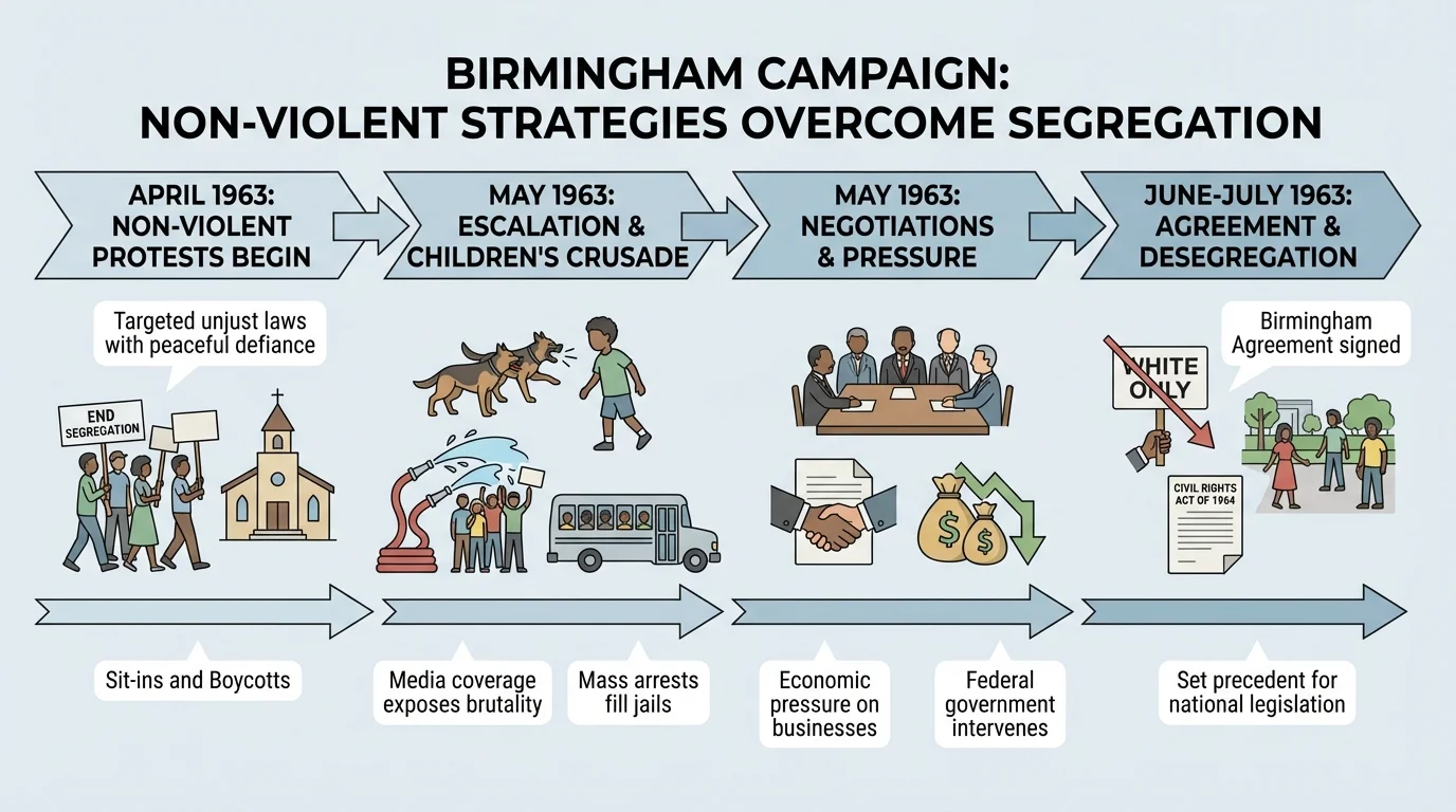 Short timeline of Birmingham campaign events including marches, arrests, police dogs and fire hoses, and negotiations