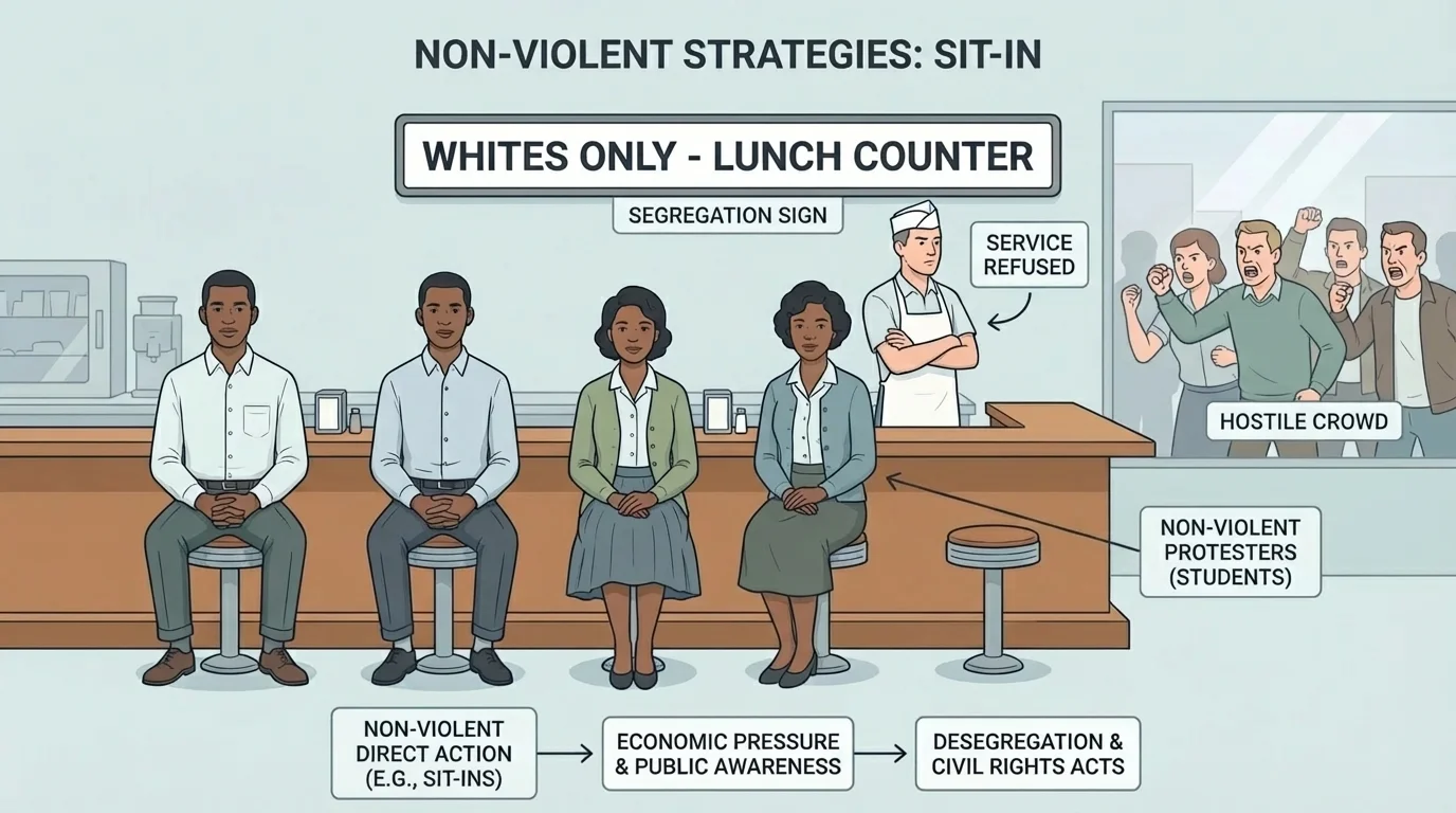 Students seated calmly at a segregated lunch counter while hostile crowds stand behind them and store workers refuse service