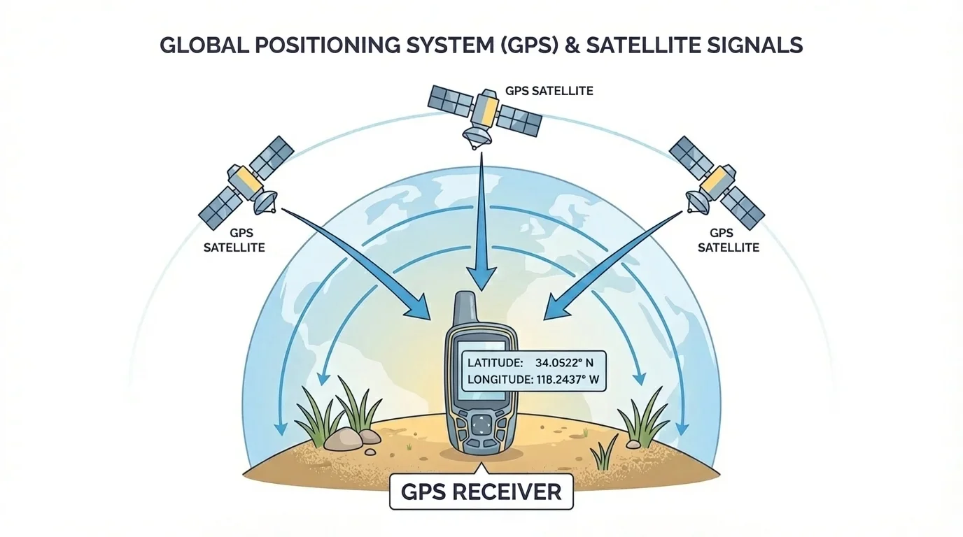 GPS receiver on the ground connecting to several satellites with latitude and longitude labels