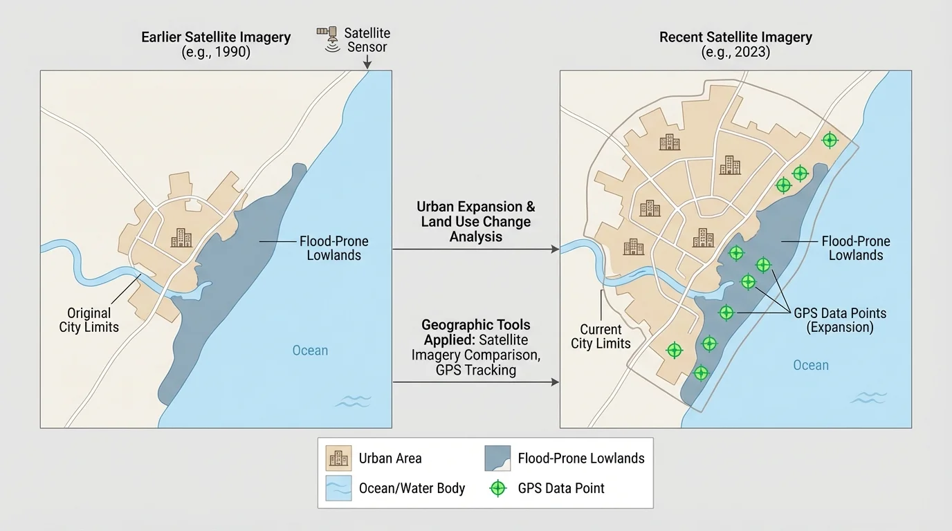 simple map showing coastal city expansion over time with flood-prone lowlands shaded