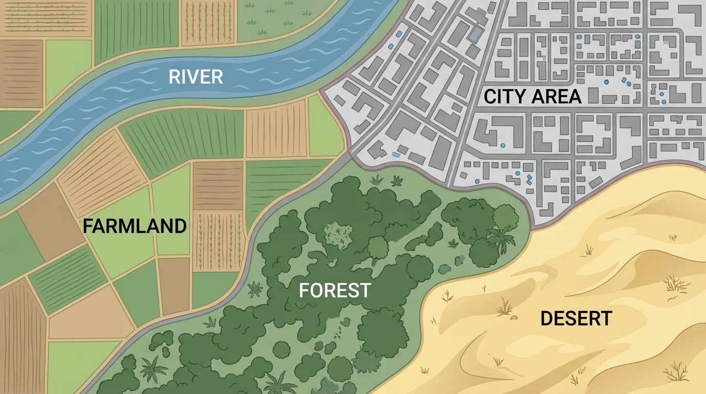 satellite-style view with river, farmland, city area, forest, and desert labeled by contrasting patterns