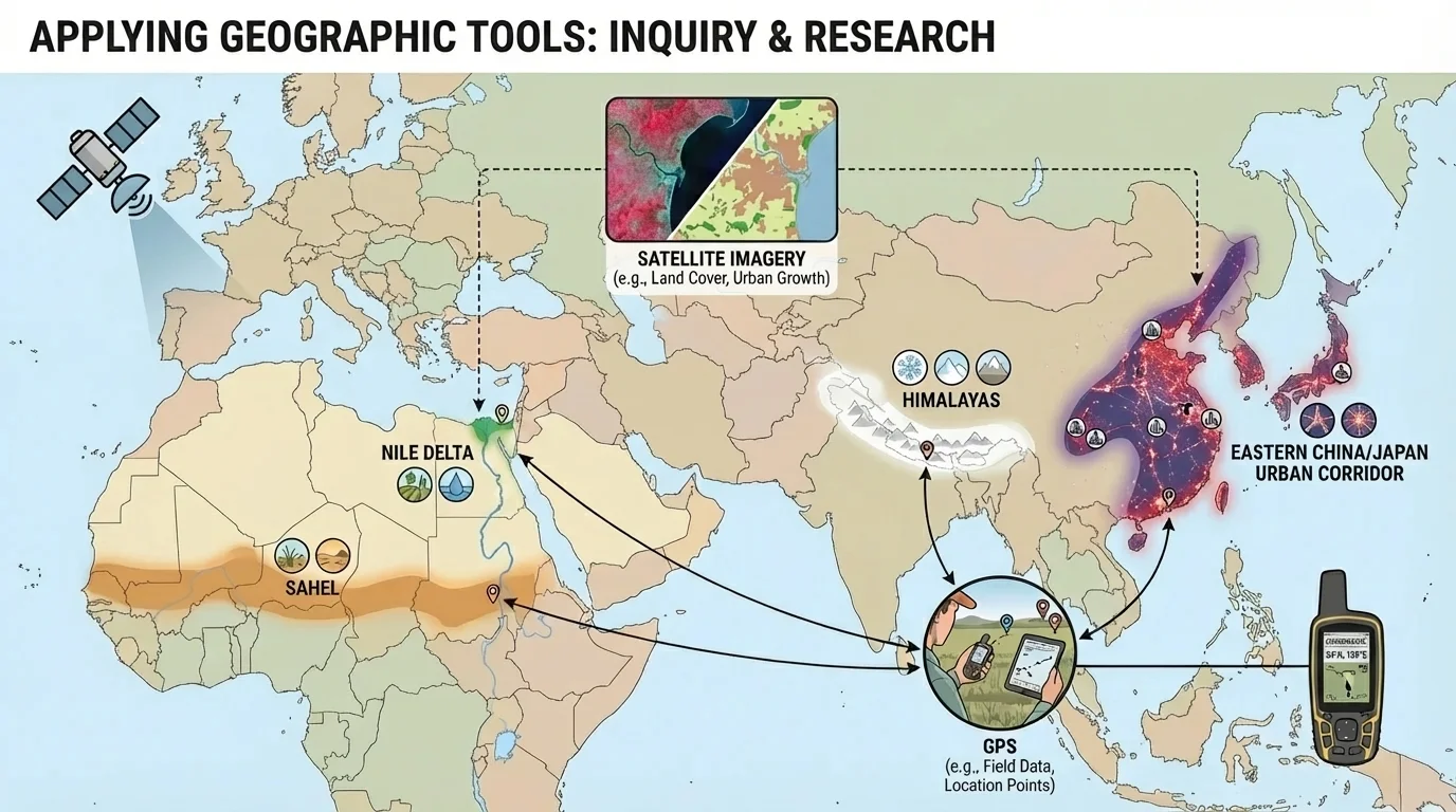 Eastern Hemisphere map highlighting the Nile Delta, Sahel, Himalayas, and eastern China/Japan urban corridor
