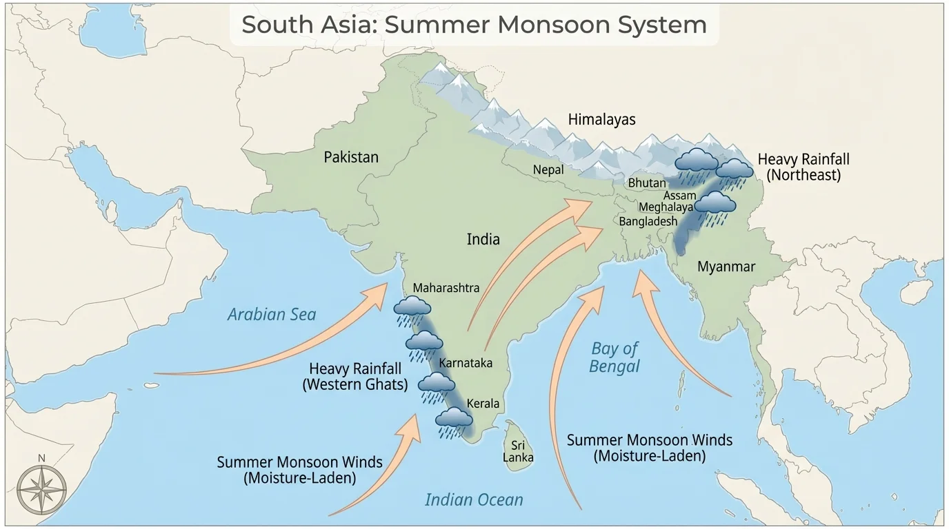 Map of South Asia showing summer monsoon winds from the ocean toward land and heavy rainfall on the west coast and northeastern areas