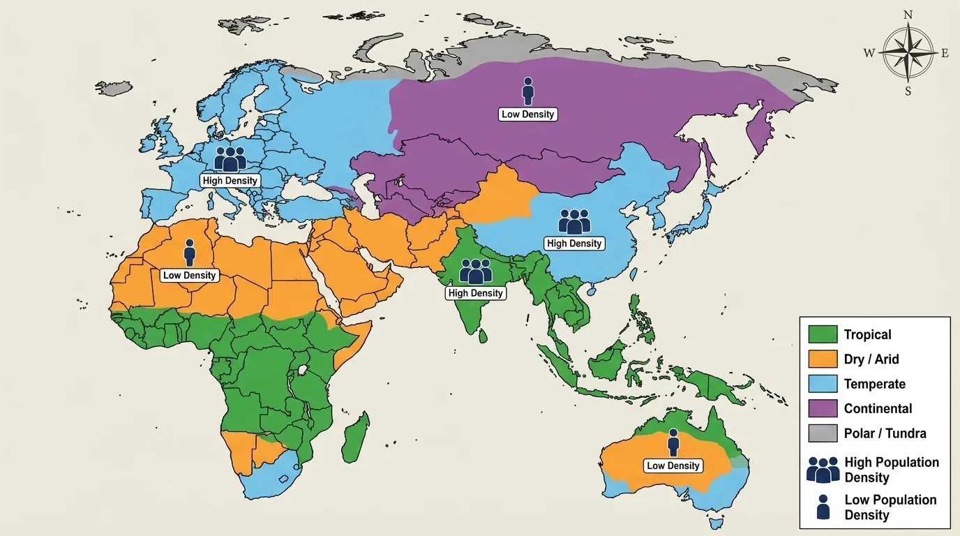 Color-coded map of the Eastern Hemisphere showing major climate zones with simple population-density symbols over selected regions