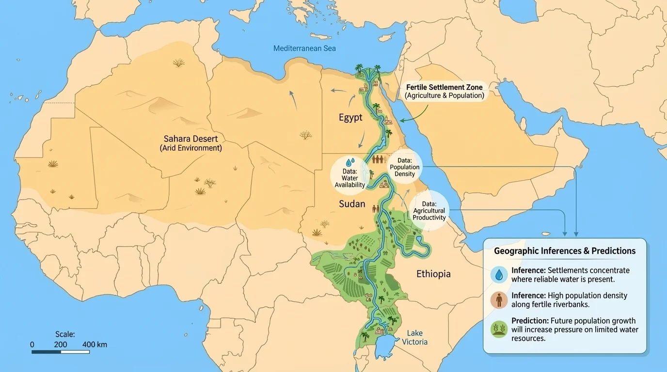 Map of northeastern Africa highlighting the Nile River, narrow green settlement zone, and surrounding Sahara Desert