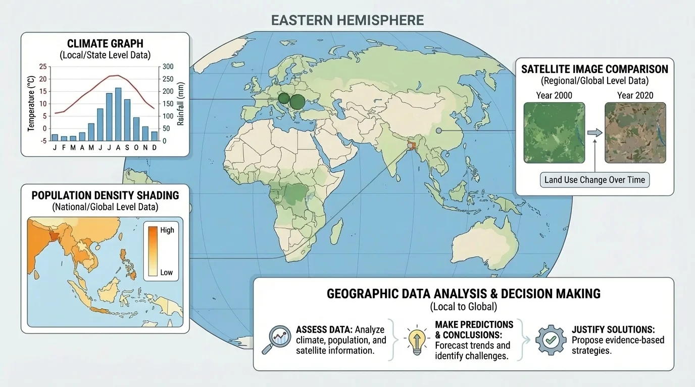 map of the Eastern Hemisphere with simple inset panels for climate graph, population density shading, and satellite image comparison to show how multiple geographic sources are used together