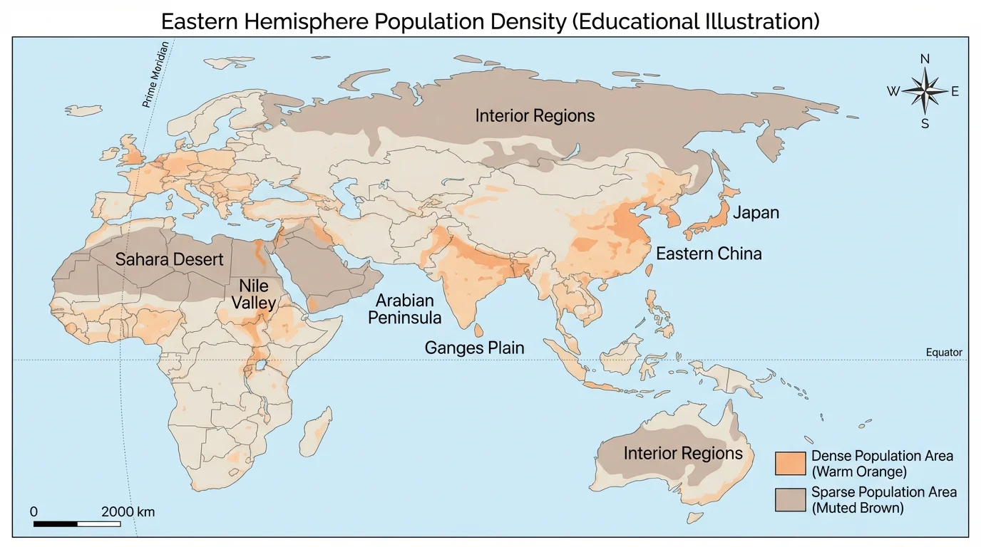 shaded Eastern Hemisphere map highlighting dense population in the Nile Valley, Ganges Plain, eastern China coast, Japan, and sparse population in the Sahara and interior regions