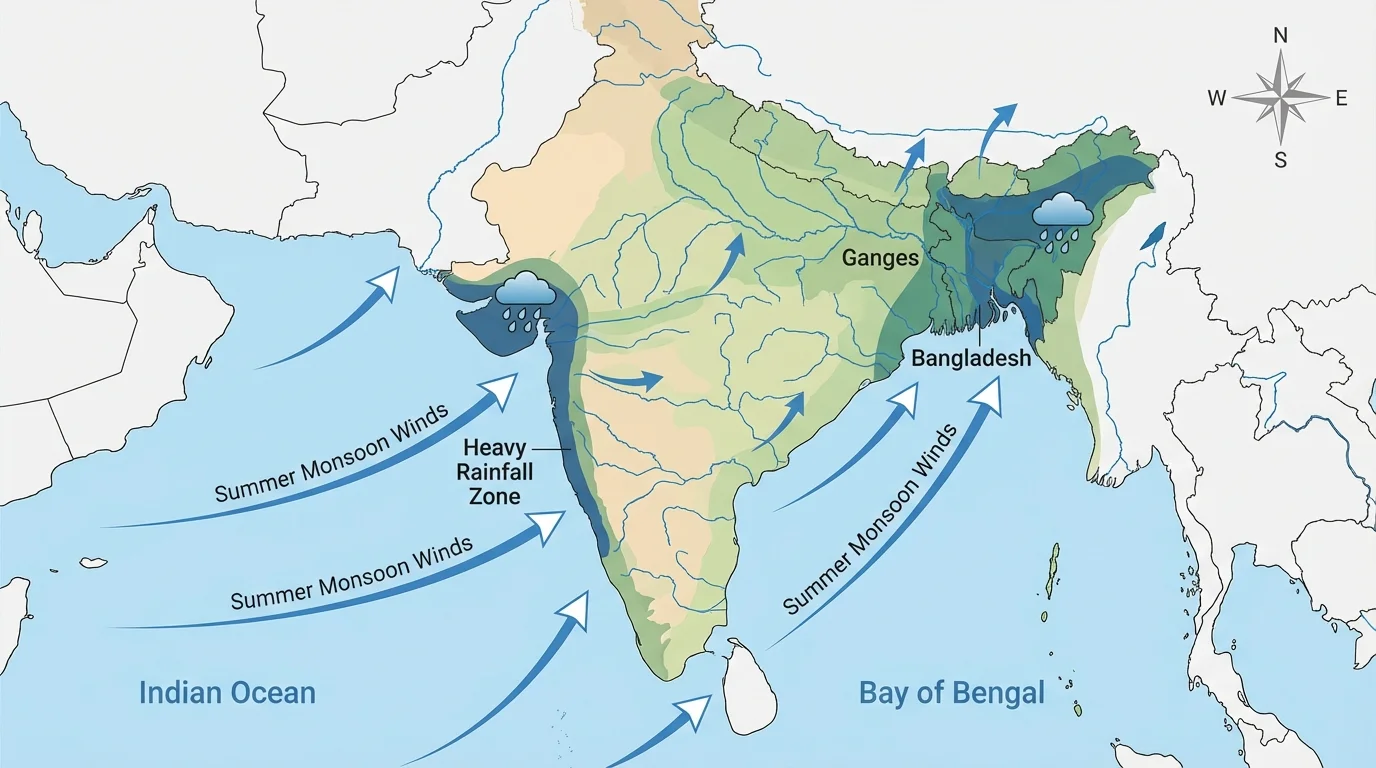 South Asia map showing summer monsoon winds moving from the Indian Ocean onto land, heavy rainfall zones on India's west coast, the Ganges basin, and Bangladesh
