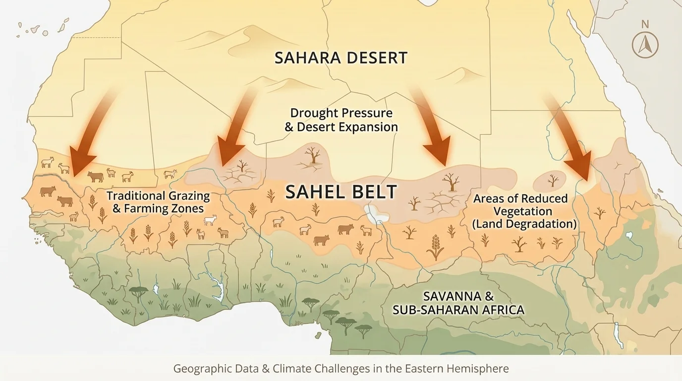 map of the Sahel belt south of the Sahara with grazing and farming zones, areas of reduced vegetation, and arrows indicating drought pressure and desert expansion