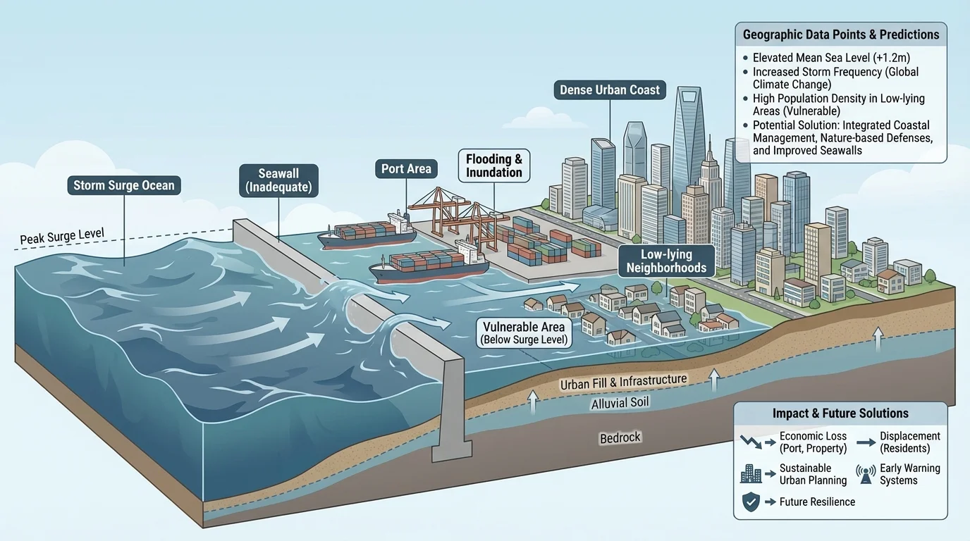 coastal East Asian city cross-section showing port area, dense urban coast, seawall, low-lying neighborhoods, and rising water level during storm surge