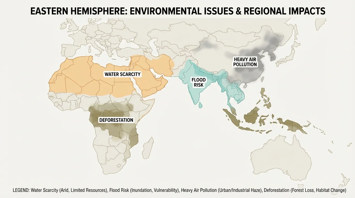 Thematic map of the Eastern Hemisphere shading water scarcity in North Africa and Southwest Asia, flood risk in South Asia, heavy air pollution in parts of East Asia, and deforestation in central Africa and Southeast Asia