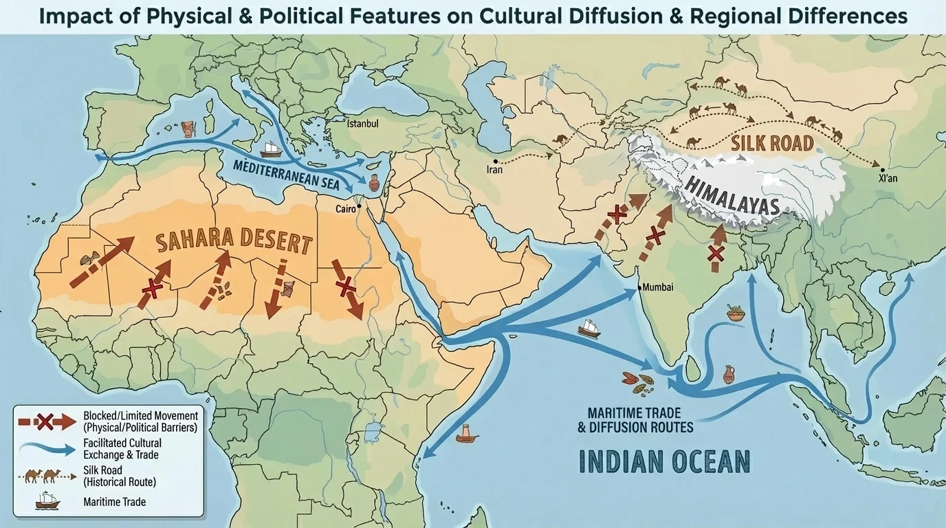 Eastern Hemisphere map highlighting the Himalayas, Sahara Desert, Mediterranean Sea, and Indian Ocean with arrows showing where movement is blocked and where major cultural exchange routes pass