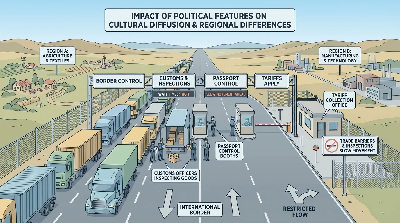 Border checkpoint with trucks waiting, customs officers inspecting goods, passport control booths, and signs showing tariffs and inspections slowing movement across an otherwise open landscape