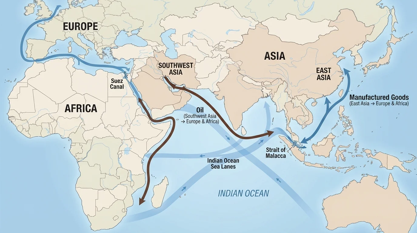 Trade route map showing the Suez Canal, Strait of Malacca, Indian Ocean sea lanes, and arrows for oil moving from Southwest Asia and manufactured goods moving from East Asia toward Europe and Africa