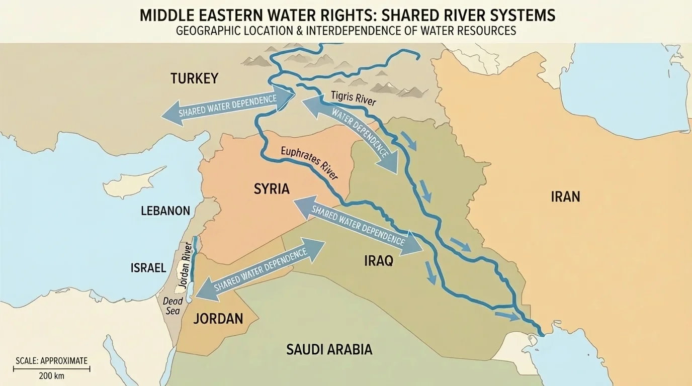 Map of the Middle East showing the Jordan River, Tigris River, Euphrates River, and surrounding countries with arrows indicating shared water dependence