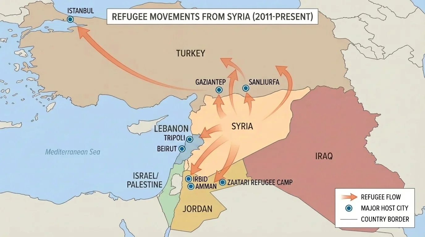 Map of the Middle East showing major refugee movements from Syria into Turkey, Jordan, and Lebanon, with major host cities marked