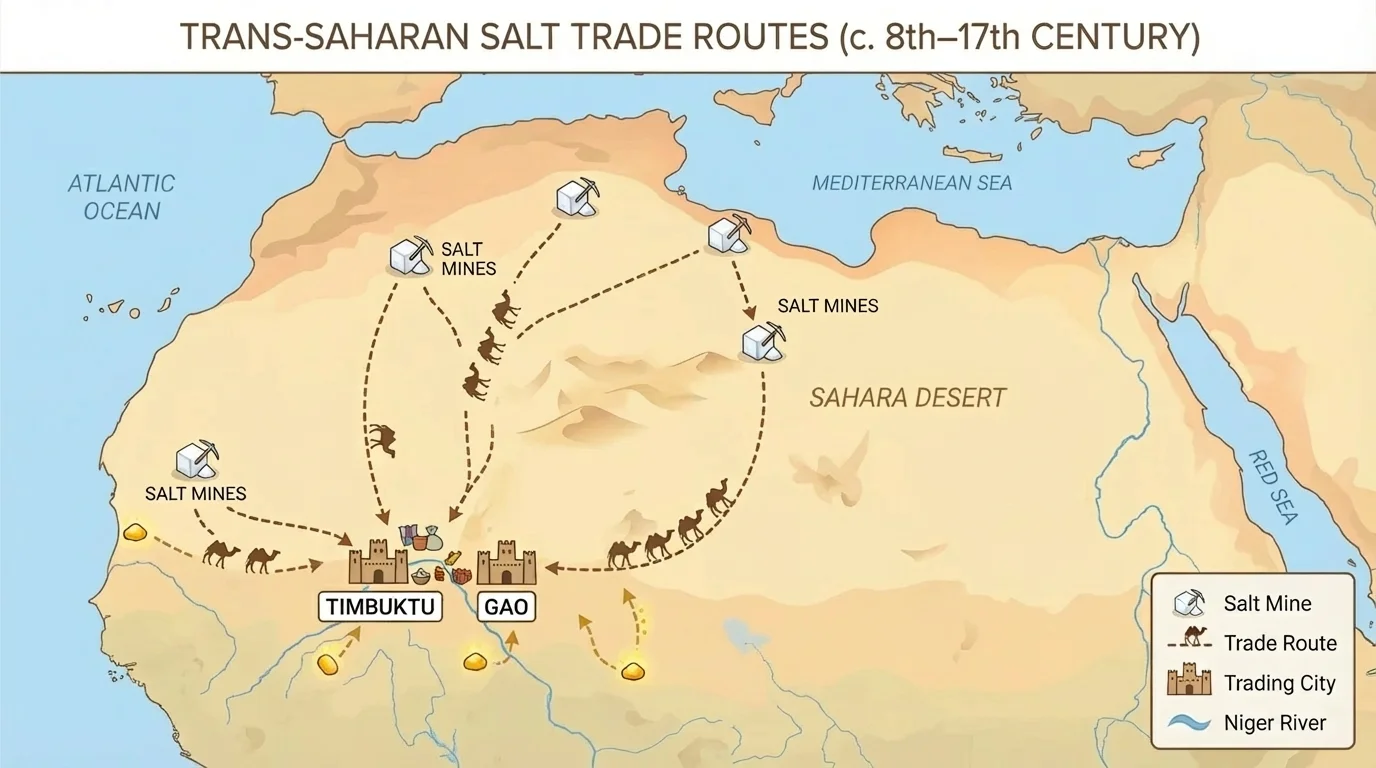 Map of North Africa showing Sahara Desert salt mines, camel caravan routes, and trading cities such as Timbuktu and Gao
