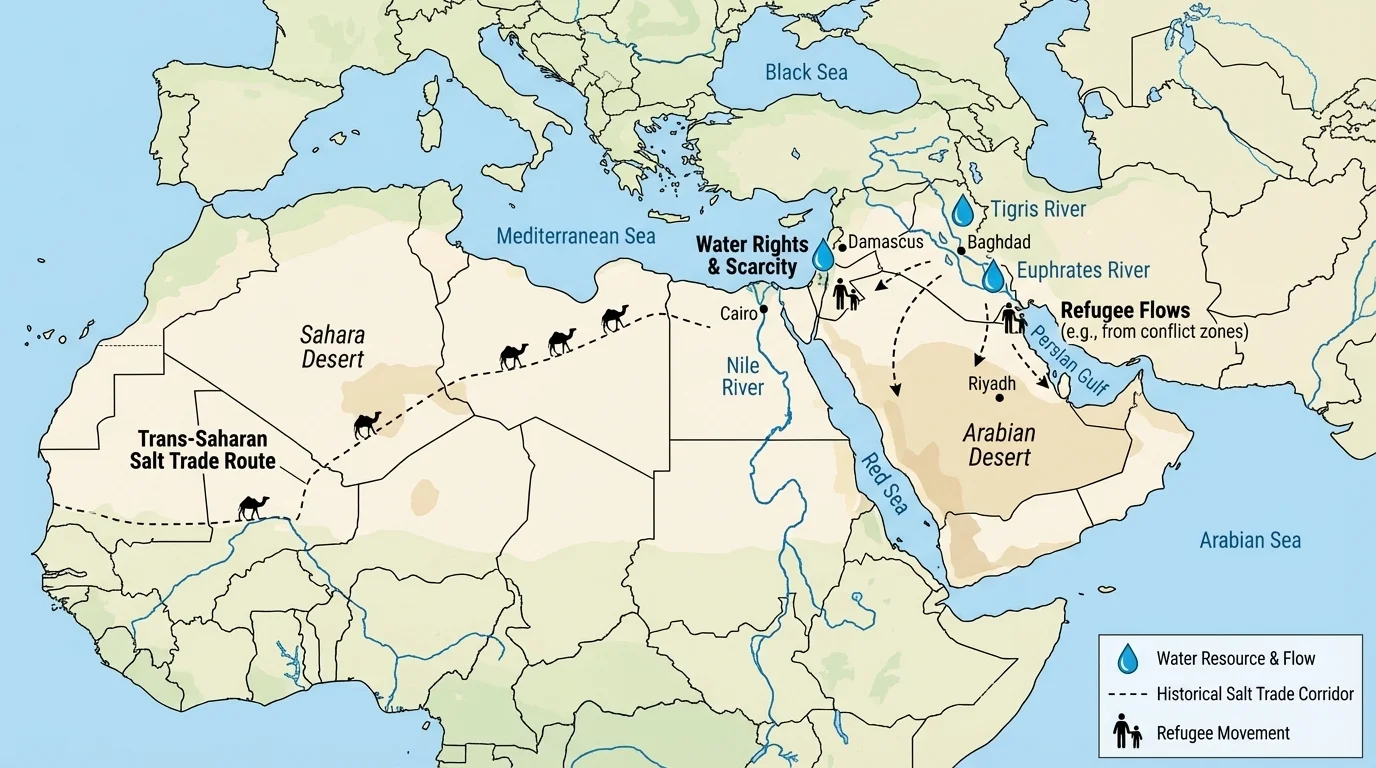Simple regional map of the Eastern Hemisphere highlighting deserts, major rivers, and trade corridors in North Africa and the Middle East