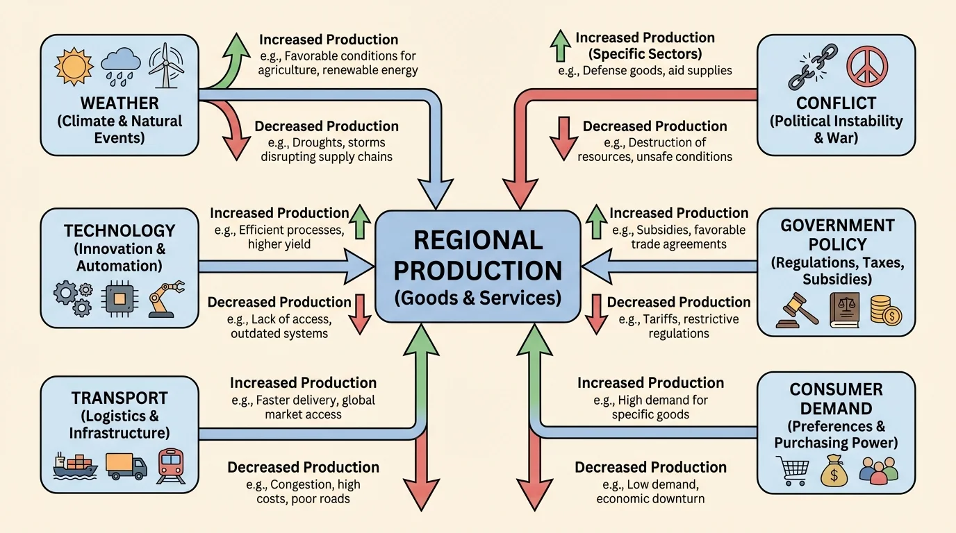 flowchart showing weather, technology, transport, conflict, government policy, and consumer demand all leading to increased or decreased regional production