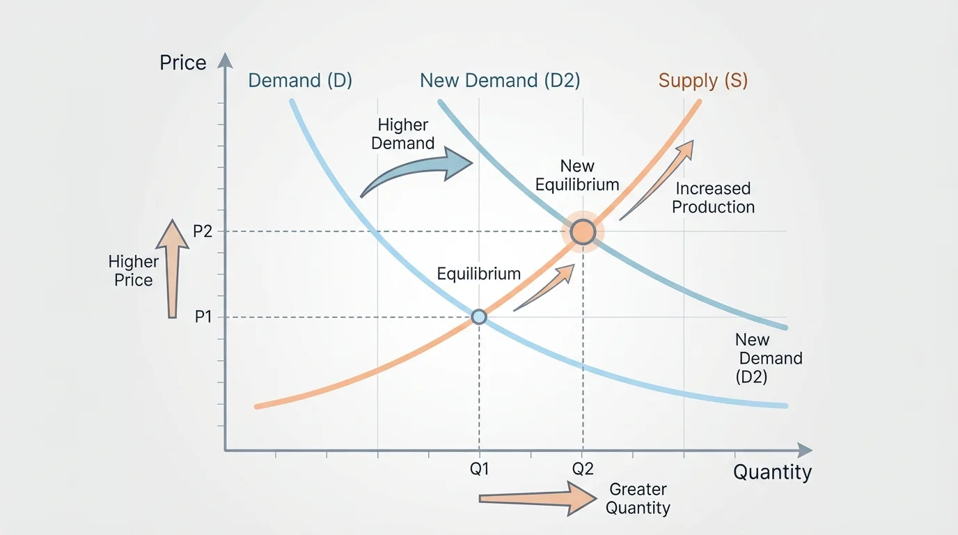 simple market graph with downward demand curve and upward supply curve, equilibrium point marked, and arrows showing higher demand leading to higher price and greater quantity