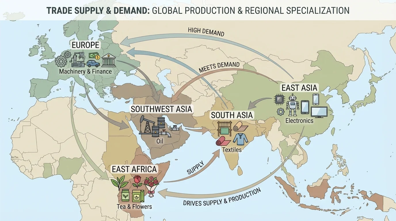 map of the Eastern Hemisphere labeling Southwest Asia oil, South Asia textiles, East Asia electronics, East Africa tea and flowers, and Europe machinery and finance