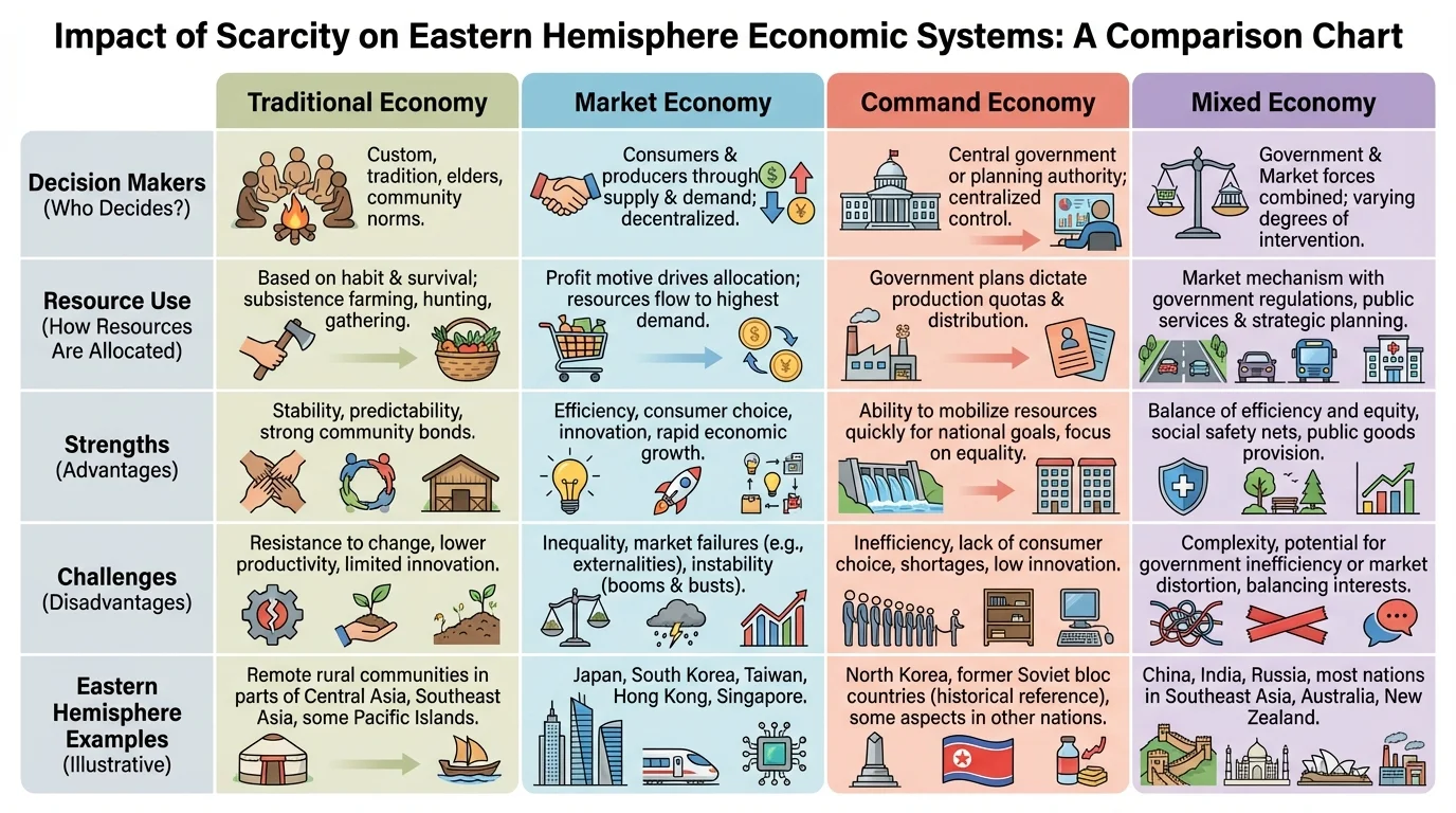 Comparison chart of traditional, market, command, and mixed economies with rows for decision makers, resource use, strengths, challenges, and Eastern Hemisphere examples