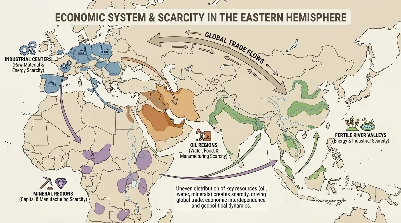 Eastern Hemisphere map highlighting oil regions in Southwest Asia, fertile river valleys in South and East Asia, mineral regions in Africa, and industrial centers in Europe with simple labels