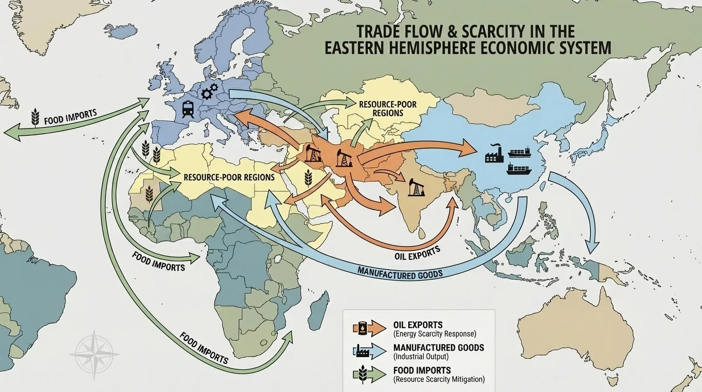 Trade flow map of the Eastern Hemisphere showing oil exports from Southwest Asia, manufactured goods from East Asia and Europe, and food imports into resource-poor regions with arrows