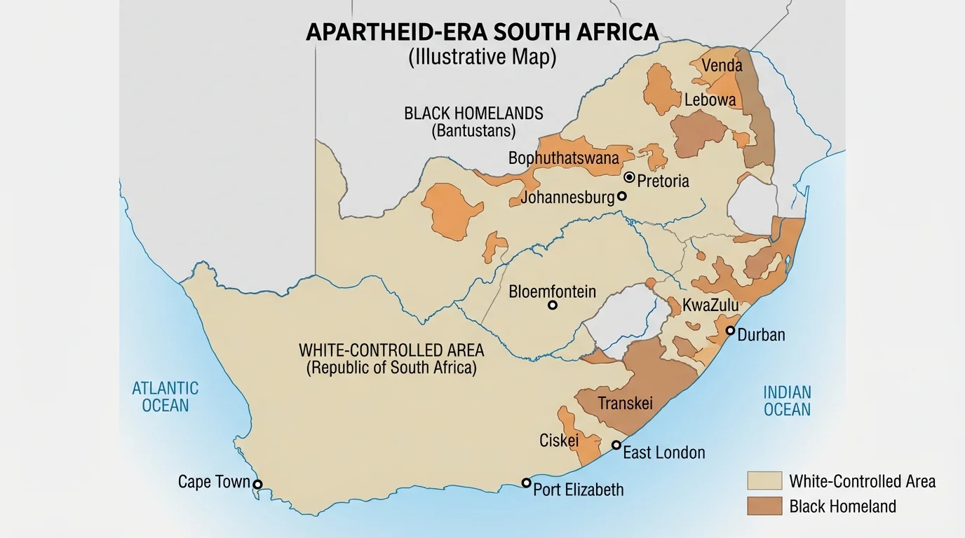 map of apartheid-era South Africa showing white-controlled areas, Black homelands, and major cities with simple labels
