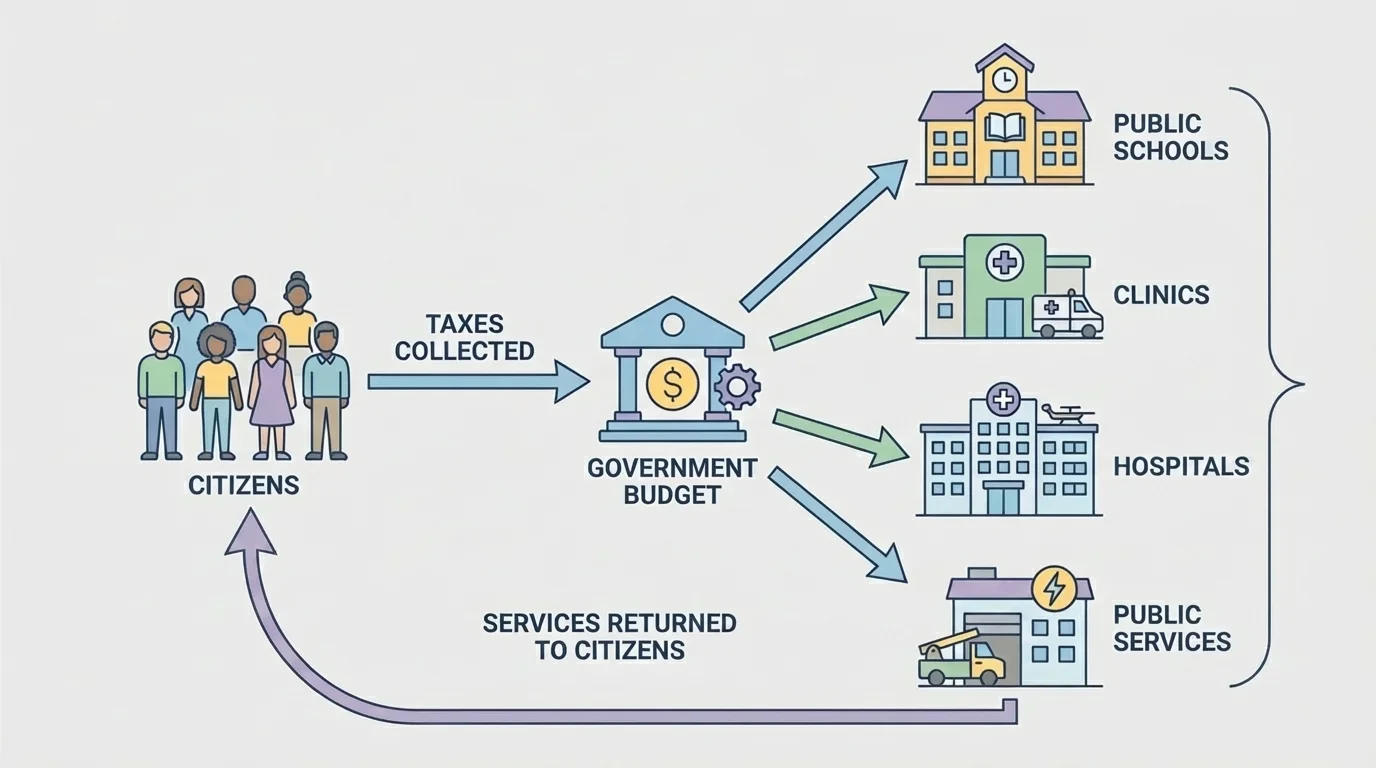 flowchart showing taxes collected from citizens moving to government budget and then to public schools, clinics, hospitals, and services returned to citizens