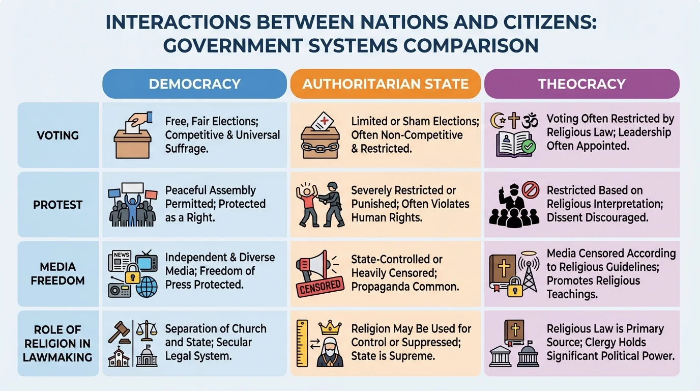 chart comparing democracy, authoritarian state, and theocracy using simple categories such as voting, protest, media freedom, and role of religion in lawmaking