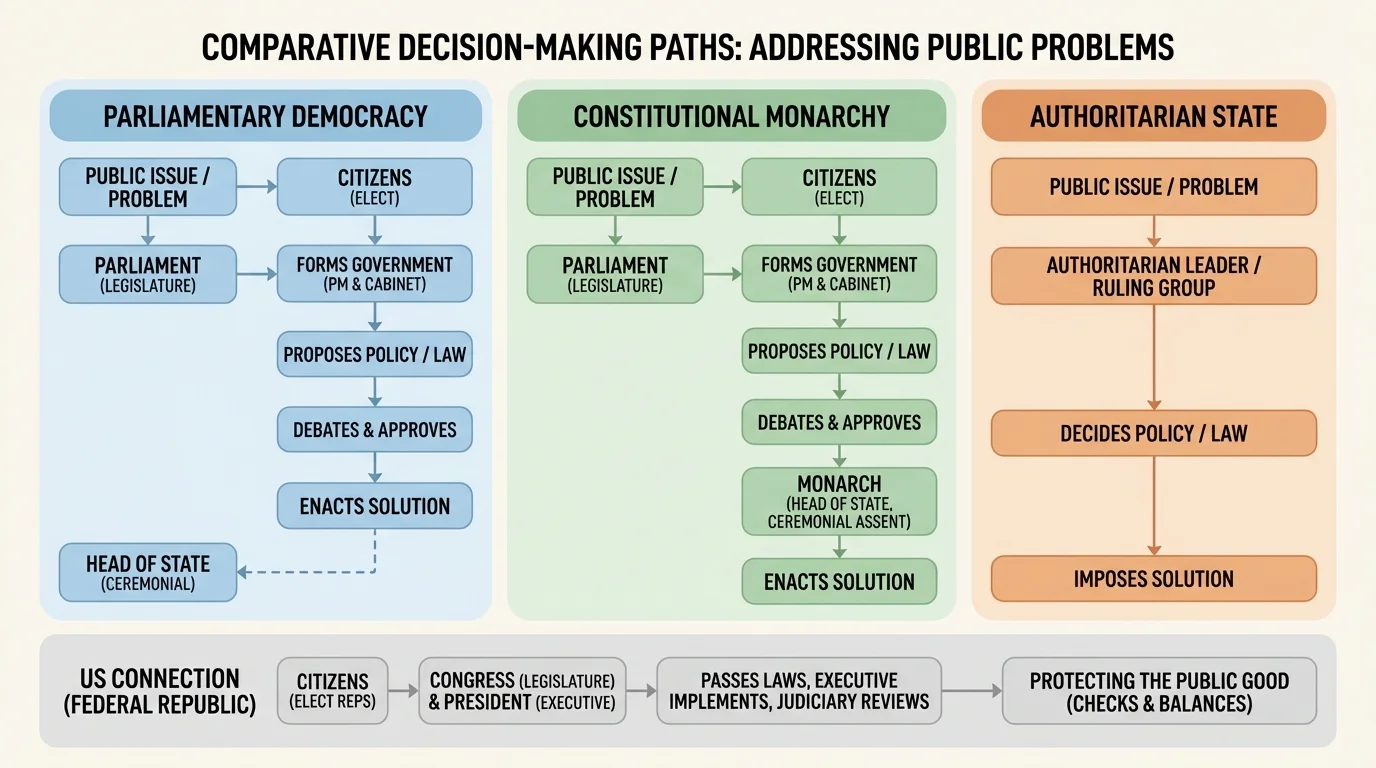 flowchart comparing decision-making paths in a parliamentary democracy, constitutional monarchy, and authoritarian state