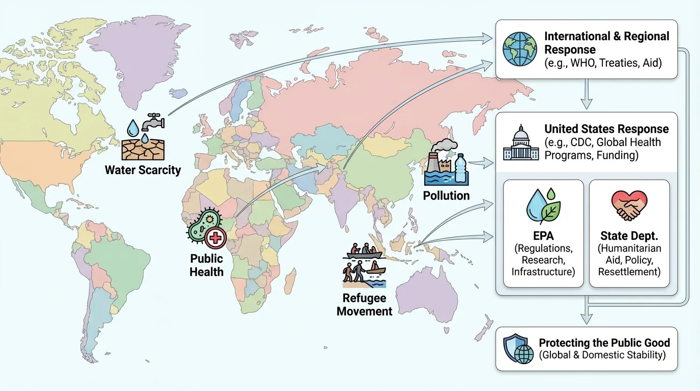 world map highlighting regions facing public health, water scarcity, pollution, and refugee movement with simple icons