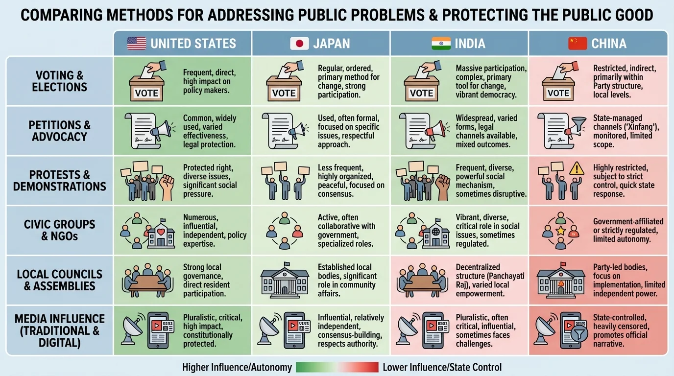chart comparing voting, petitions, protests, civic groups, local councils, and media influence in the United States, Japan, India, and China
