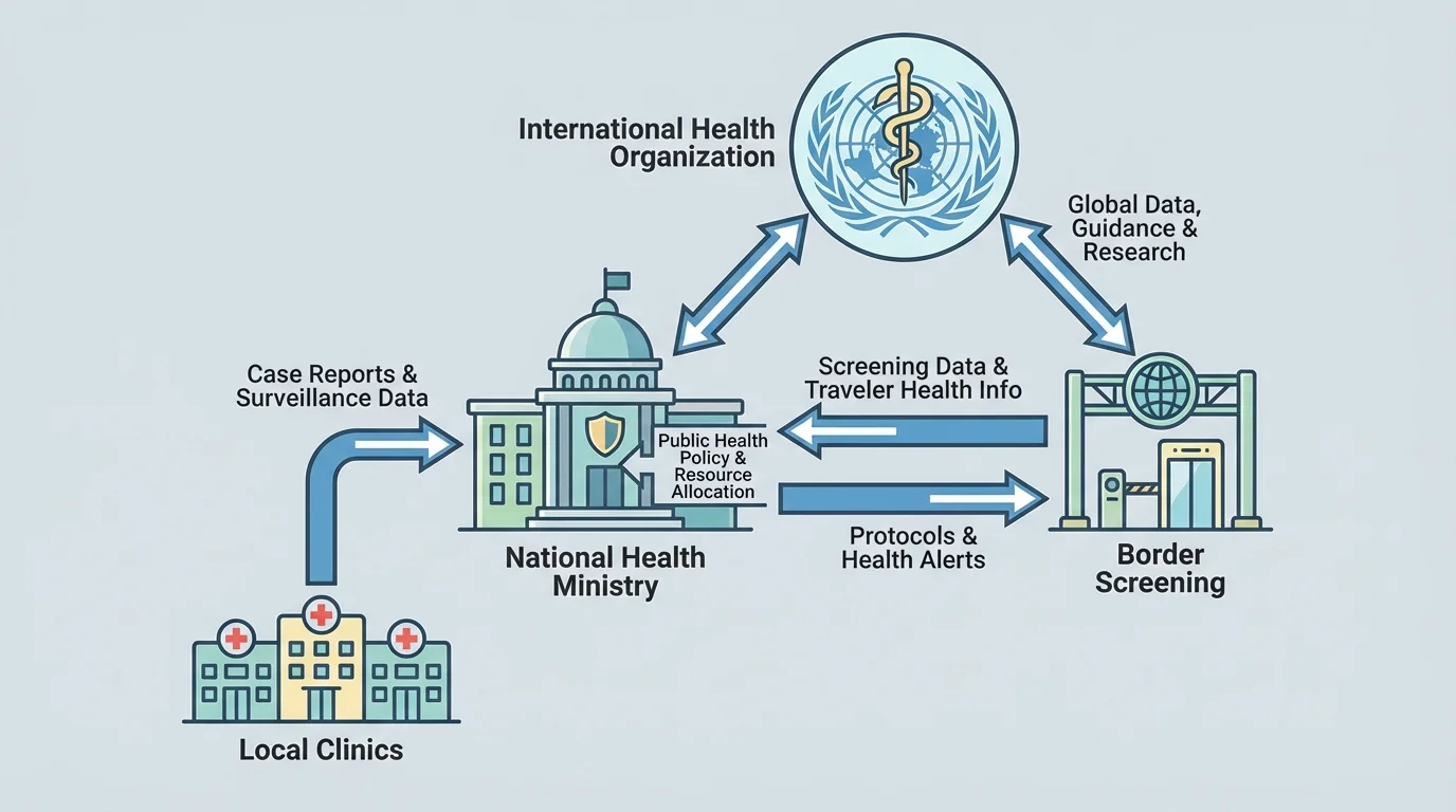 diagram showing local clinics, national health ministry, border screening, and international health organization sharing information