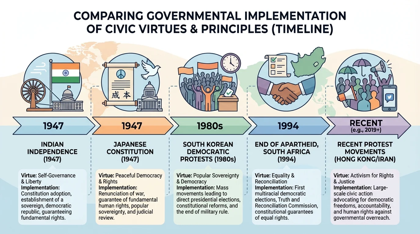 timeline with Indian independence in 1947, Japanese constitution in 1947, South Korean democratic protests in the 1980s, South African end of apartheid in 1994, and recent protest movements in Hong Kong or Iran