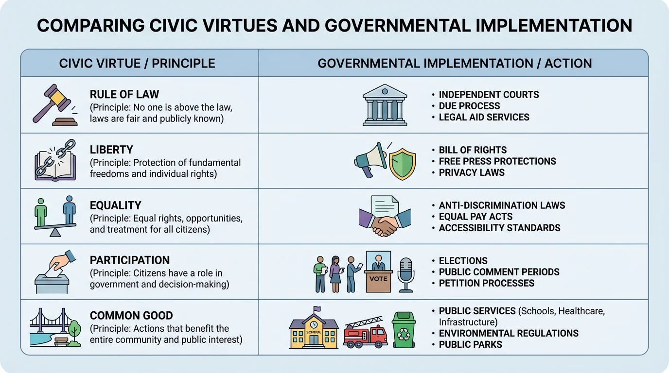 chart comparing rule of law, liberty, equality, participation, and common good with examples of government actions such as courts, elections, public services, and anti-discrimination laws
